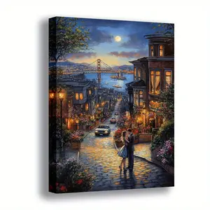 2D Flat Surface, 1 Piece Golden Gate Bridge Canvas Wall Art Poster - Good Morning Francisco Night Scene Moonlight Couple Painting, Retro Modern Decoration - Ready-to-Hang Hook Design - Elegant Living Room, Bedroom, Office Decoration - Bay Area Enthusiast