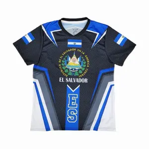 Black El Salvador Soccer Jersey with Blue Accents and Team Crest Design Slim-Fitting for Fans