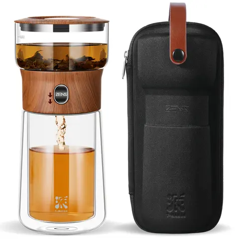 ZENS Modern Glass-Steel Borosilicate Tea Pot Set with 1-Touch Steel Leaf Infuser Strainer, 6 oz Upper Chamber, 9 oz Double-Walled Glass Mug, Portable for Office/Travel, Gifts for Him, Ideal for Tea Lovers - Wooden