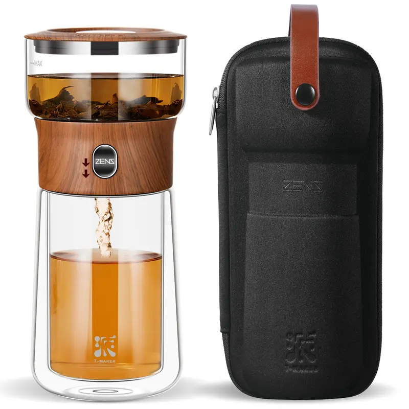 ZENS Modern Glass-Steel Borosilicate Tea Pot Set with 1-Touch Steel Leaf Infuser Strainer, 6 oz Upper Chamber, 9 oz Double-Walled Glass Mug, Portable for Office/Travel, Gifts for Him, Ideal for Tea Lovers - Wooden