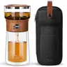 ZENS Modern Glass-Steel Borosilicate Tea Pot Set with 1-Touch Steel Leaf Infuser Strainer, 6 oz Upper Chamber, 9 oz Double-Walled Glass Mug, Portable for Office/Travel, Gifts for Him, Ideal for Tea Lovers - Wooden