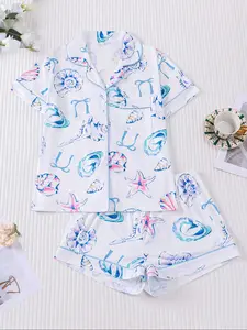 Women's Blue Bow Shell Print Pajama Set, Short Sleeve Shirt Collar Button Soft Top & Elastic Shorts, Casual Home Wear Loungewear