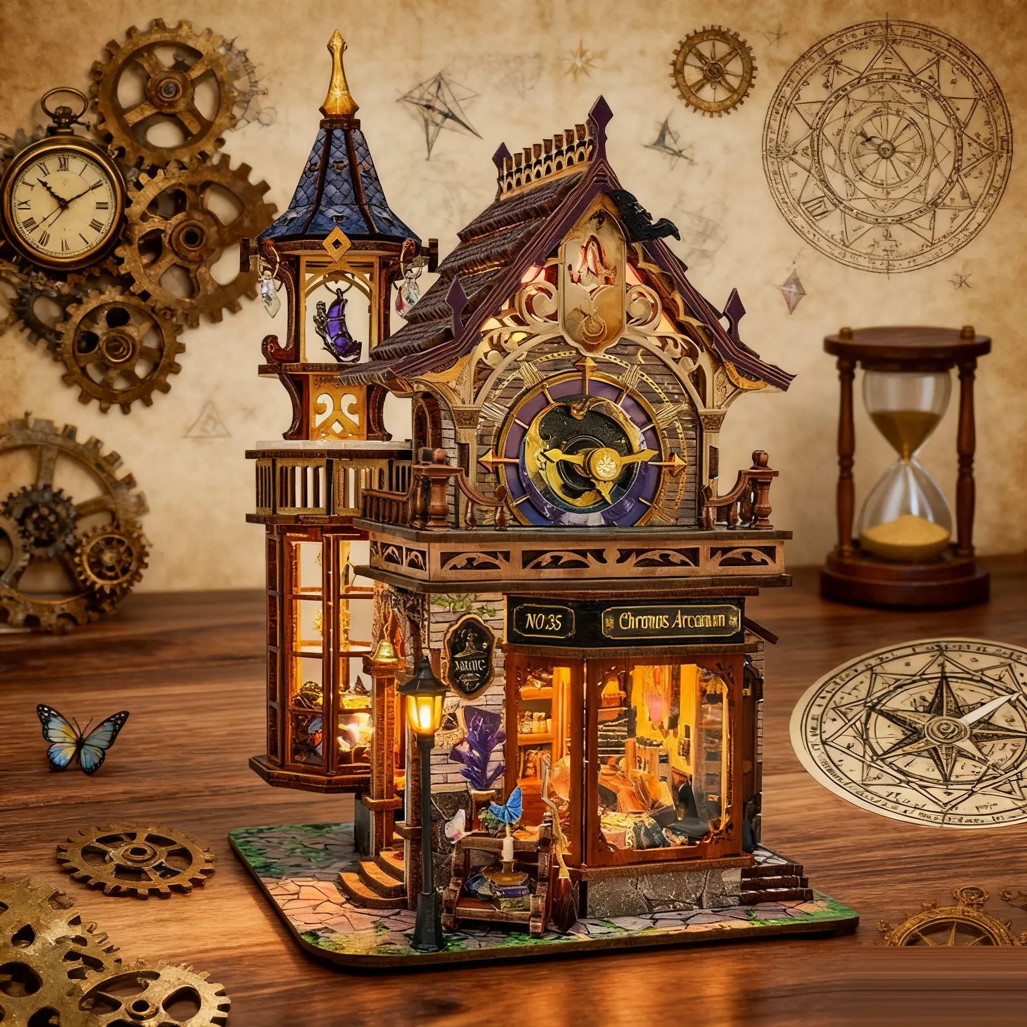 DIY Time Magic Club Mini Model Kit, Fantasy Clock Tower Scene with Music Box and Real Clock, 3D Assembly Decoration, Perfect Gift, DIY Building Model, Wooden DIY Kit