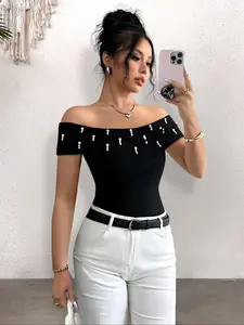 Women's Plain Off Shoulder Tee, Elegant Fashion Casual Top for Daily Outdoor Wear, Ladies Clothes for Summer