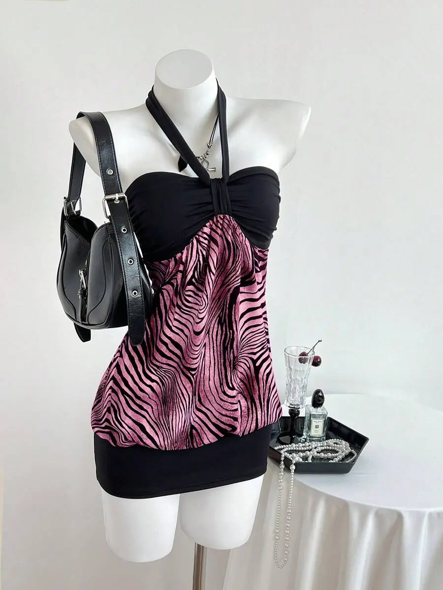 Lunara x Elamini Sleeveless Knitted Fabric Halter Mini Cami Dress For Women Hot Pink Textured Pattern Sexy Style