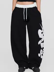 Y2K Graffiti Print Baggy Sweatpants, Women's High Waist Contrast Drawstring, Wide Leg Streetwear Casual Trousers, Bottoms, All Seasons