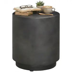 Dark Gray, Lightweight Industrial Chic Concrete Finish Round Accent Table - Weather-Resistant Outdoor Patio Side Table, Balcony Plant Stand