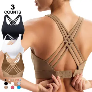 Women's High Impact Sports Bras with Sewn-in Pads,4 Row Adjustable Hook-eye Closure,Soft and Comfortable Non-removable Molded Cups,Crisscross Strappy Workout Tops for Yoga Running