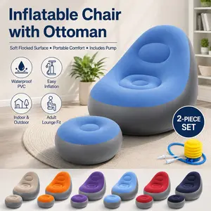 Inflatable Chair with Ottoman, Flocked PVC Lazy Sofa Lounge Chair with Pump, Waterproof Portable Blow Up Air Couch, Foldable Footrest Recliner for Adults, Gaming, Camping, Patio, Living Room, Bedroom & Outdoor Relaxing