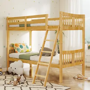 Twin Over Twin Solid Wood Bunk Bed Frame with Integrated Ladder & Guard Rails , Easy Assembly, for Dorm & Bedroom, Wood color