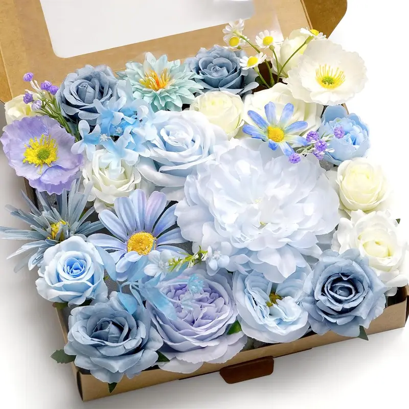 Artificial Flower Combination Box Set Artificial Flower Loose Leaves and Stems DIY Wedding Center Bouquet Bride Wedding  Shower(Fresh Light Blue)