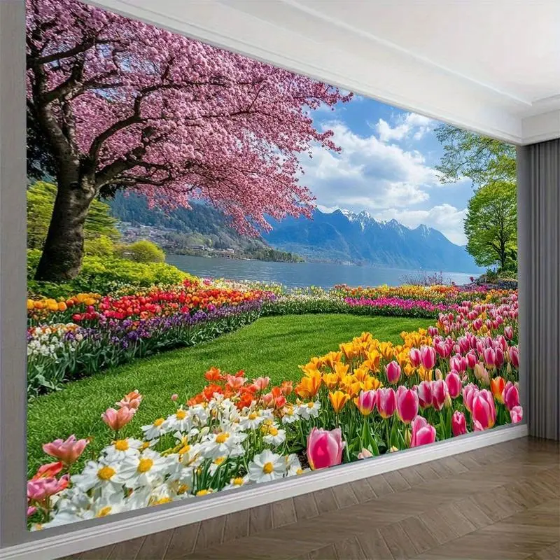 1pc Vibrant Jungle Plant Landscape Tapestry - Lush Garden Scene with Blooming Flowers & Mountain View, Horizontal Polyester Backdrop for Photography, Family Celebrations, Yard Parties, and Outdoor Terrace Decor, No Electricity Needed, Garde