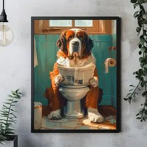 Saint Bernard Dog Bathroom Humor Canvas Print Art Diamond Painting Kit 12x16 Inch - Funny Dog Wall Decor for Home, Bedroom, Kitchen, Living Room, Bathroom, Hotel, Cafe, Office, Irregular Diamonds, Quality Canvas Material, Unique Gift for Dog Lovers
