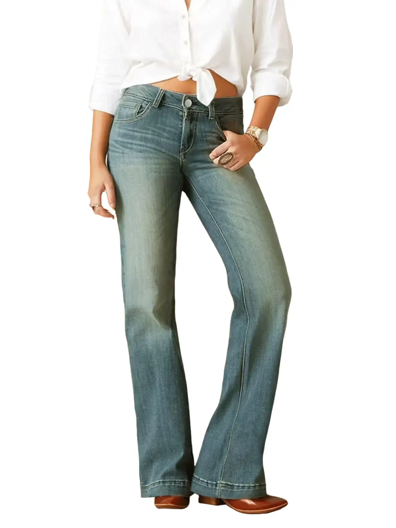Women's Low Rise Vintage Wash Stretch Flare Jeans, Western Style Slim Fit Bootcut Denim Pants for Casual Daily Wear
