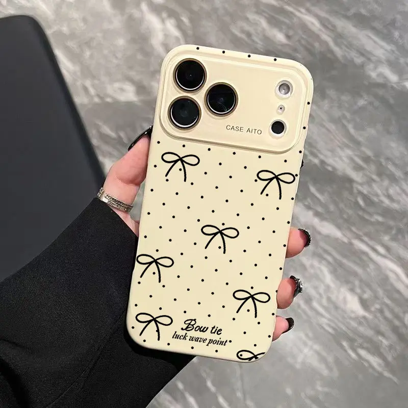 Small Dot+Bow Pattern Dopamine Ins Style Solid Color Phone Case with Ultra Skin friendly Touch, All Inclusive Lens Phone Case Suitable for Apple 17 16 15 14 13 12