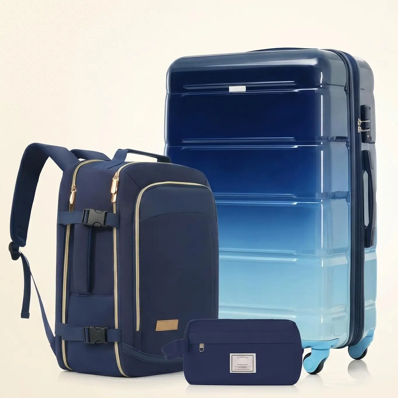 Carry On and Checked Luggage Set 3 Piece 20 24 28 Inch Hardside Suitcase Set TSA Lock Travel Backpack Toiletry Bag Wet Dry Compartment Blue Gradient