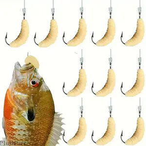 12-Pack Yellow Rubber Maggot Fishing Lures Set with Hooks, Soft Artificial Worm Bait for Bass, Trout, Effective Freshwater Fishing Tackle, Ideal Gift for Anglers, Fishing Lure tiktokshopspringglowup,summervibes