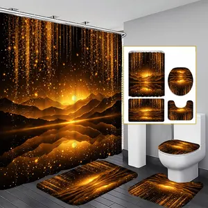 1/3/4PCS Golden Mountain Lake Shower Curtain set, Golden Aurora Mountains Water Reflection Bathroom Decor, Accessories with Bath Mat, U-shaped Mat, Toilet Lid Cover, 12 Hooks 180x180cm Curtain, Serene Landscape, Home Decor, bathroom accessories