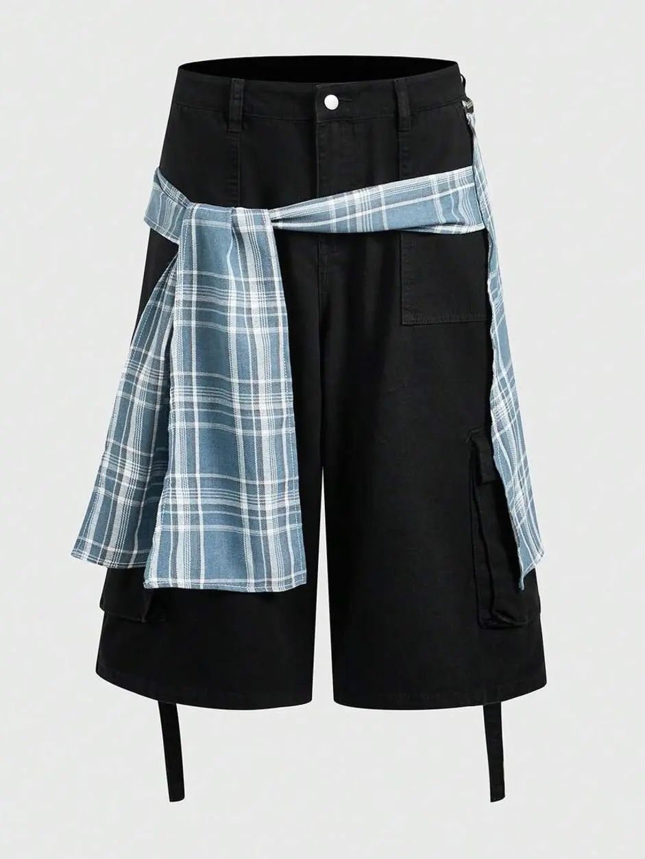 Mens Plaid Patchwork Denim Shorts, Distressed Layered Jorts for Casual Summer Streetwear and Vacation