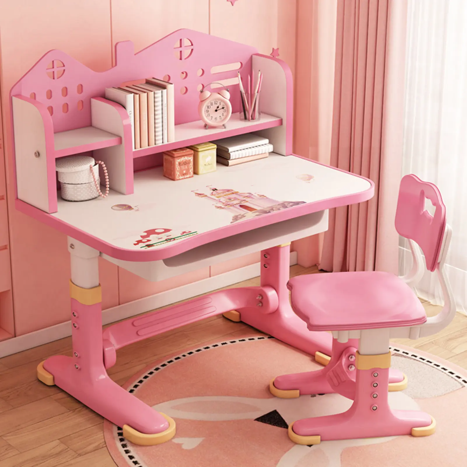 Kids Adjustable Height Study Desk and Chair Set - Cartoon Princess Motif, Rectangular Top, Castle Backboard, Sturdy Plastic Construction, Drawer Storage, Bookshelf, Easy Setup, Assembly Required, Posture Support, Perfect Toddler Writing Table Gift