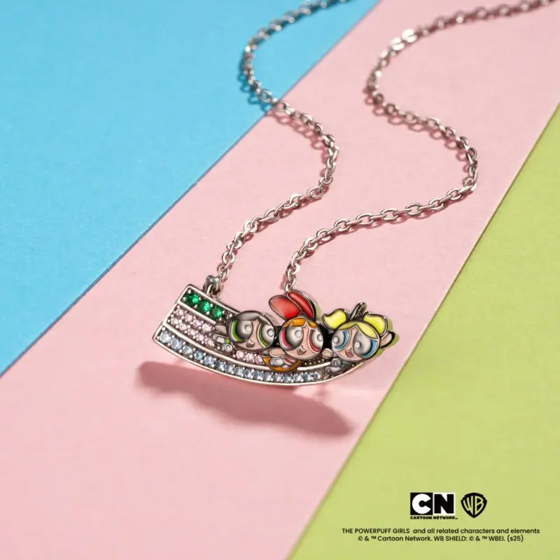 POWERPUFF GIRLS Bubbles 3-Piece Jewelry Set, S925 Sterling Silver & Enamel Matching Sets for Girls with Cubic Zirconia, Includes Necklace, Bracelet & Stud Earrings, Chain Set