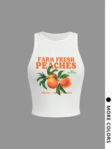 Women's Peach Print Crew Neck Knit Tank Top, Casual Sleeveless Top for Summer, Ladies Clothes for Daily Wear, Socks