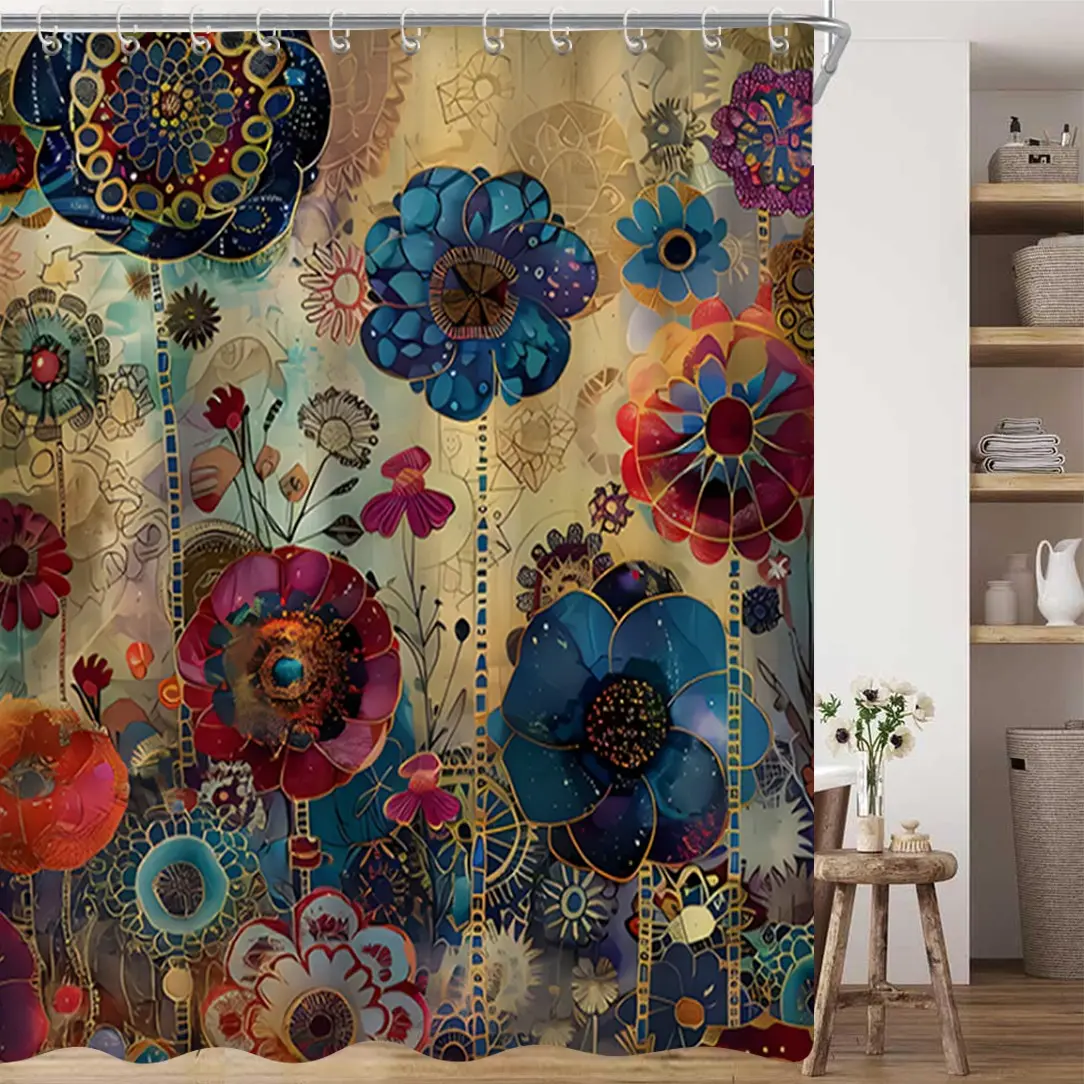 Mandala Plant Floral Pattern Flowers Aesthetic Boho Shower Curtain, Polyester Material, Includes 12 Hooks, Easy Cleaning, Decorative Bathroom Curtains, Decoration