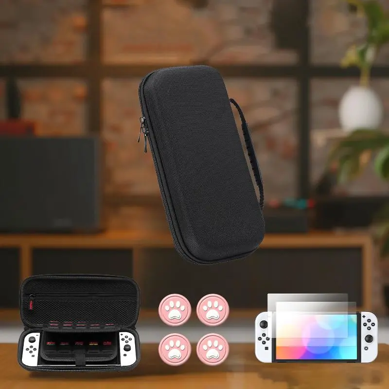 Storage Bag & Controller Protective Case & Tempered Film & Controller Cap Set, Portable Travel Storage Bag with Multiple Compartments, Console Accessories for Nintendo Switch