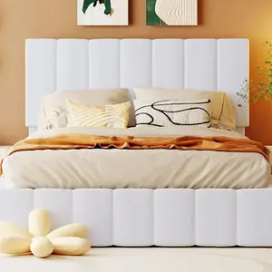 Full size Upholstered Platform bed with a Hydraulic Storage System - White
