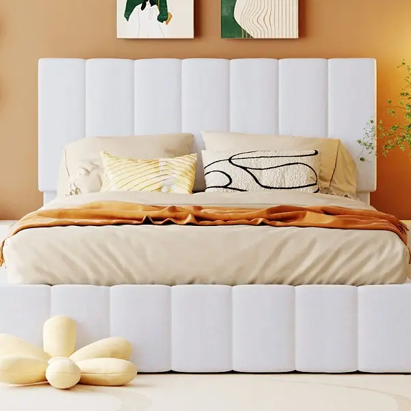 Full size Upholstered Platform bed with a Hydraulic Storage System - White