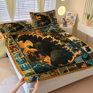 Vintage Comic Monster Fitted Sheet Set & 2 Pillowcases No Core, Orange-Black Base, Monster, Retro Architecture Multi-panel Comic Storyboard Showcase, Soft Non-Slip Wrinkle Resistant, Bedroom Decor Gift