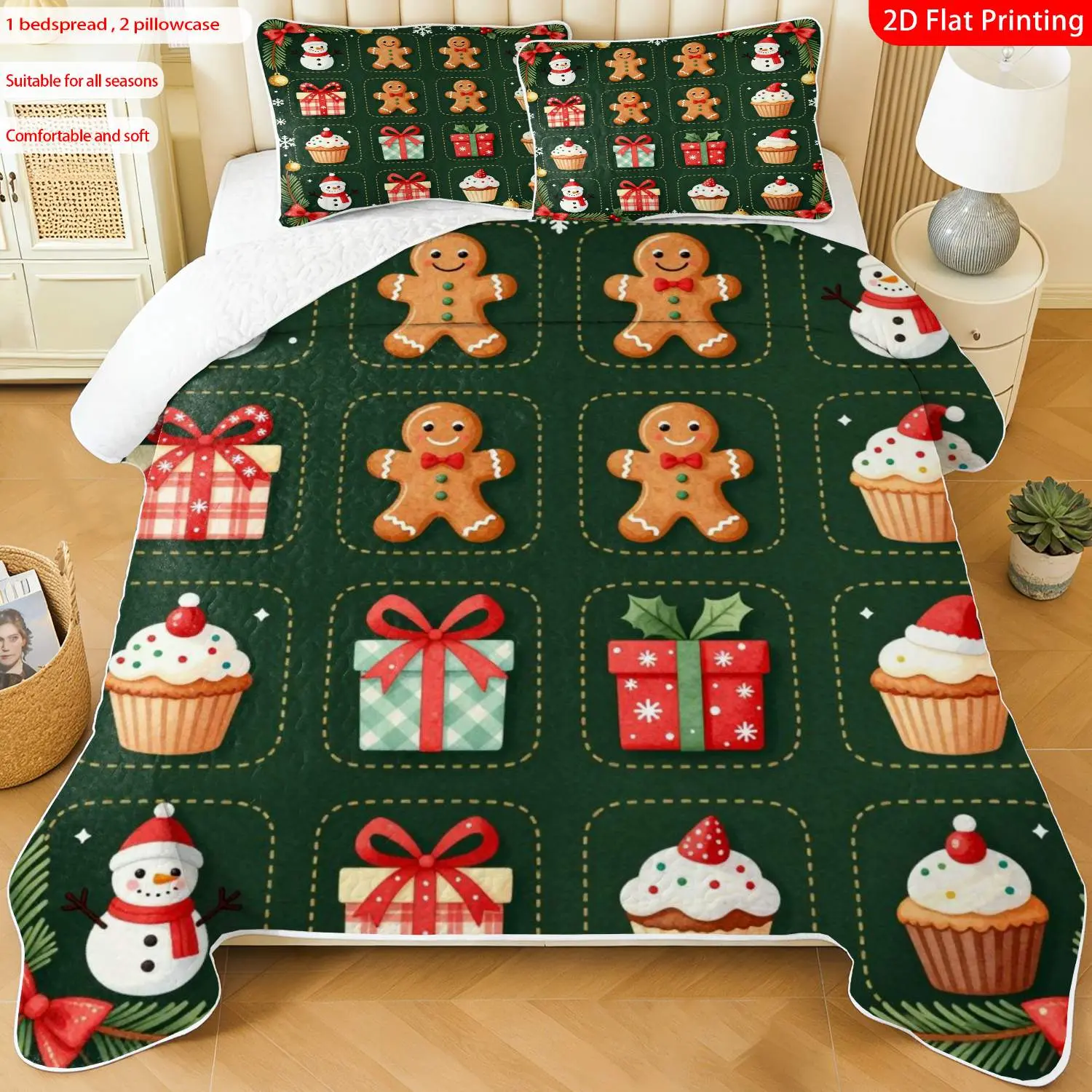 3pcs, 2D flat print Gingerbread Man & Snowman bed cover set, Christmas theme, multiple sizes available, bedding set, festive decorative bedding, ideal for bedroom décor(1 bedspread , 2 pillowcase)