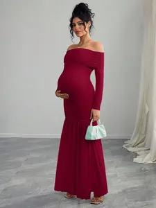 MISHELLA Off Shoulder Long Sleeve Fitted Dress With Thigh-High Slit And Mesh Panels