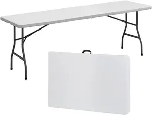 ZENSTYLE 8FT Folding Table Fold-in-Half Plastic Dining Picnic Table for Outdoor w/ Handle