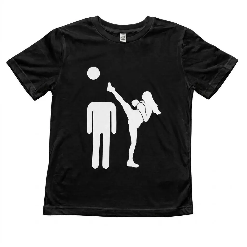 Funny High Kick Graphic T-Shirt, Black Martial Arts Humor Tee, Woman Kicking Man Pictogram Shirt, Minimal Kickboxing Design, Unisex Casual Streetwear Gift for Fighters, Gym Lovers, Women, Men, Teens, Birthdays, Training Days and Everyday Wear