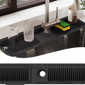 Extra Long Faucet Mat 5° Sloped Self-Draining Design Premium Silicone Sink Splash Guard Custom Hole Button Fit Fast Drainage Non-Slip Heat-Resistant Countertop Protector Easy Clean Reusable Durable Kitchen Sink Accessories