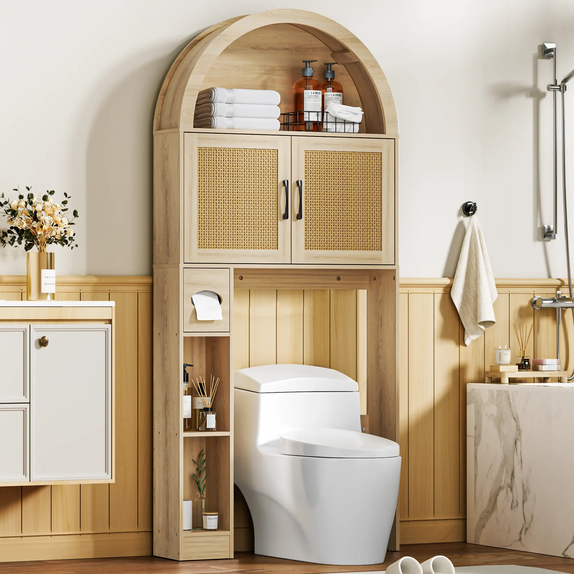 Spurgehom Arched Over-The-Toilet Freestanding Wood Cabinet with Doors - Indoor Sturdy Furniture, Adjustable Shelf, Anti-Tip Device, Wave Pattern, Bathroom Organizer, Elegant Details, Flexible Installation, Space Optimization homeessentials