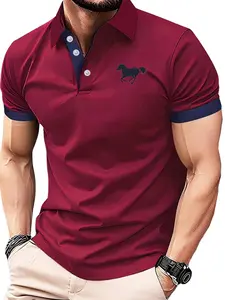 Men's Summer Casual Classic Short Sleeve Horse Print Polo Shirt, Golf Style, Office/daily/golfing, Perfect Gift for Husband/father