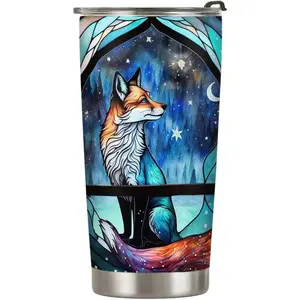 20oz Fox Gifts for Fox Lovers, Starry Moonlight Night Fox Tumbler Cup, Stainless Steel Insulated Travel Mug with Lid, Coffee Thermos for Women - F