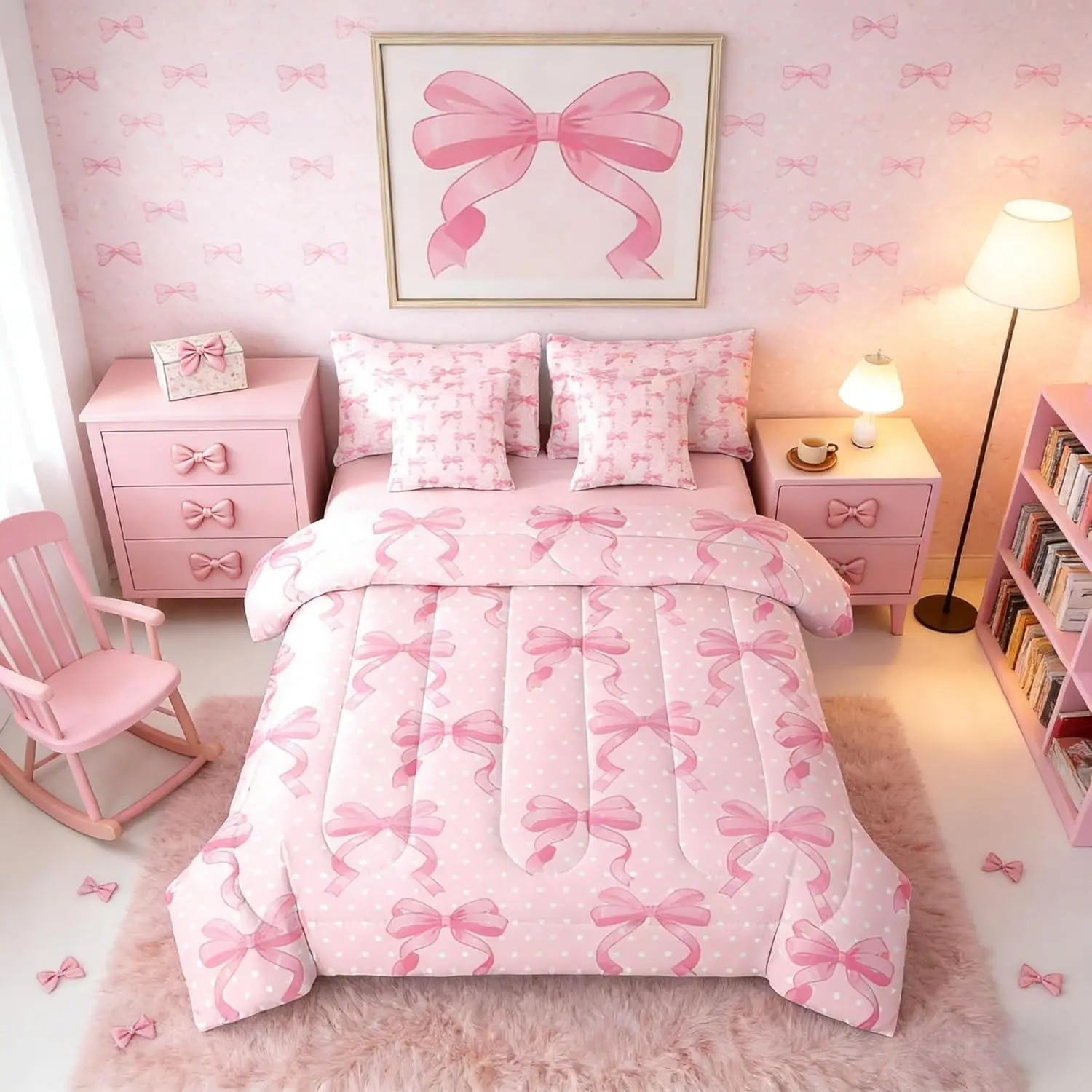 Feelyou 7-Piece Ultra Soft Pink Polka Dot Bow Print Princess Bed Comforter Set - Bowknot Blanket, Sheets, Coquette Ribbon Bed Bag, Princess Room Kids Rooms Decor, Ideal Gift for Girls Toddlers