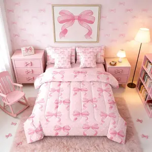 Pink Girls Bow Polka Dots Kawaii 7 Piece Bedding Set,Bowknot Princess Comforter Bed Set with Sheets,Coquette Ribbon Cute Bed Bag,Coquette Ribbon Cute Bed Set