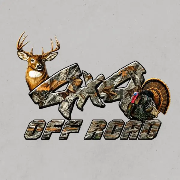 4x4 Off Road Hunting Sticker, Deer & Turkey Camo Vinyl Decal, Waterproof Resistant Truck Window Laptop Sticker