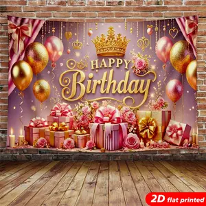 Pink Gold Happy Birthday Tapestry Wall Hanging, Royal Crown Rose Gift Balloon Design, 2D Flat Printed Backdrop for Women's Birthday, Party, Photo Booth, Aesthetic Home Decor day
