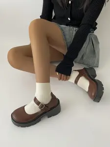 New Thick Sole Korean Chunky Mary Jane Shoes for Women, Dress Combinations, Low Cut One Strap Loafers, Vintage Versatile Footwear