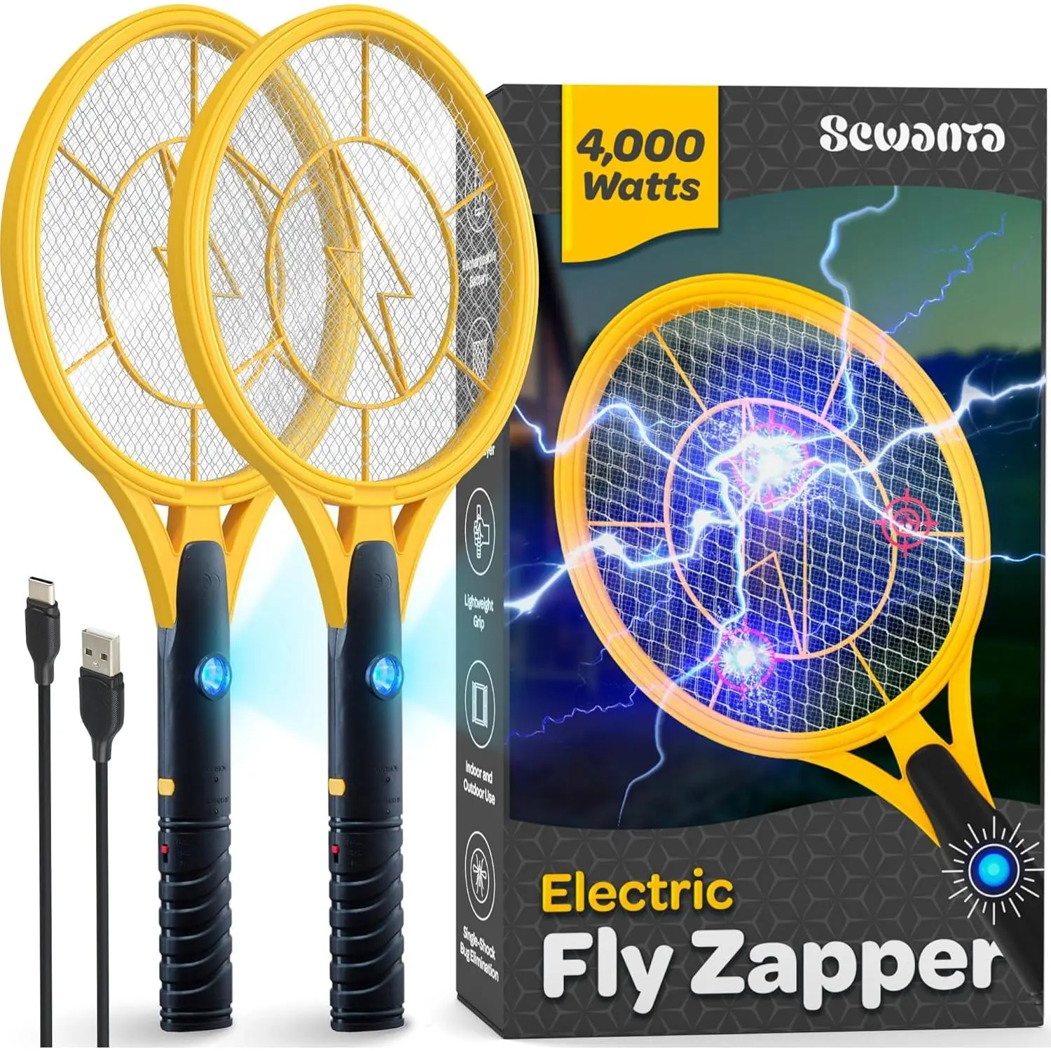 Set of 2 Electric Fly Swatter Handheld Bug Zapper Racket 4000 Volt Instant Bug & Mosquito Killer with Attractant LED Light USB Rechargeable Portable for Indoor Outdoor