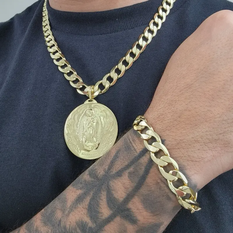 ViOrO 14K Gold Plated 8-10mm Cuban Link Chain with Bracelet and Virgen Pendant for Dairy Use. Electro Laminated Premium Jewelry