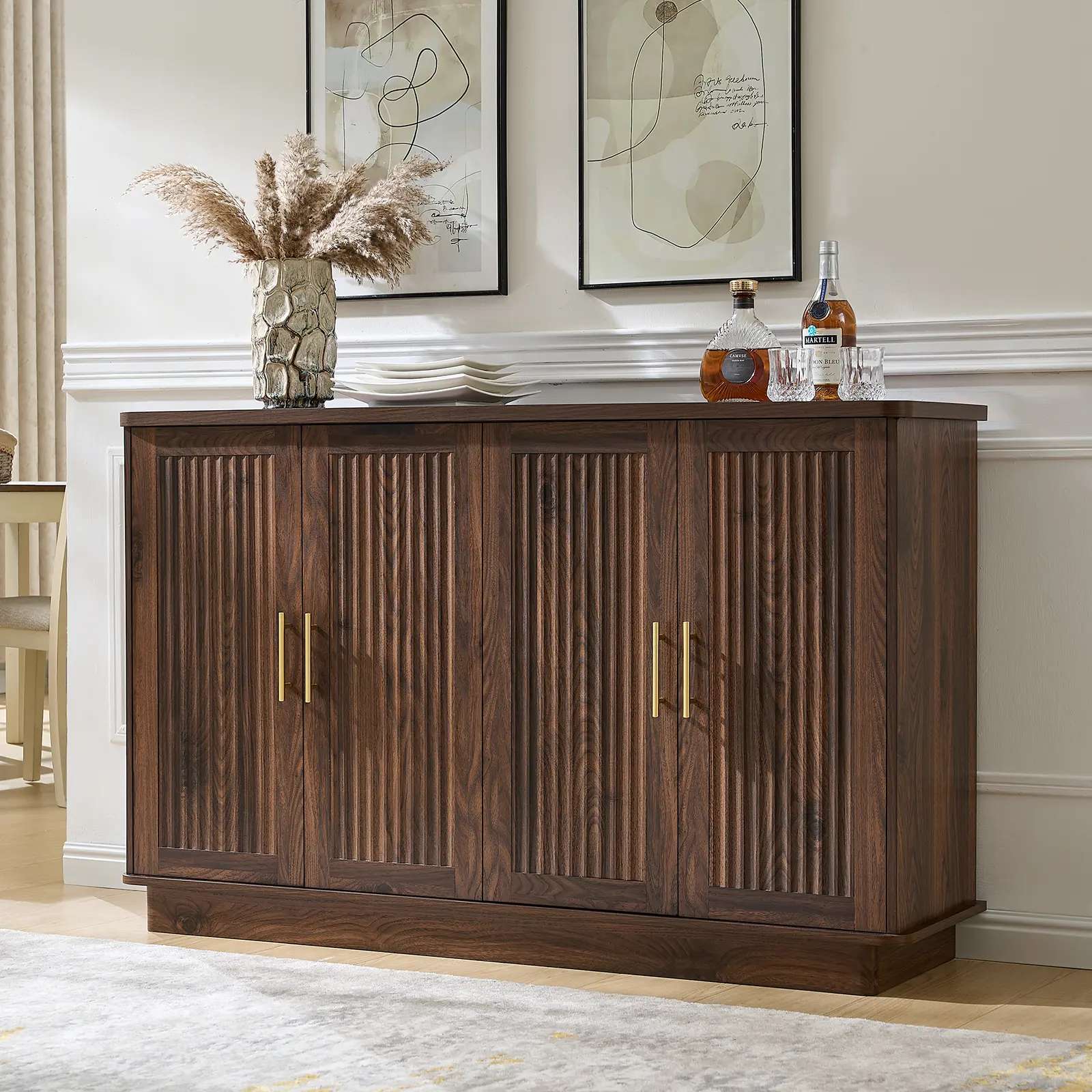 PieDle Modern Sideboard Buffet Cabinet with Storage — Fluted Coffee Bar Cabinet with 4 Doors & Adjustable Shelves for Kitchen, Dining Room, Living Room & Hallway