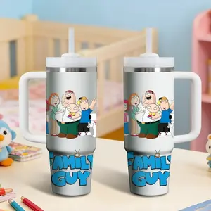 Cartoon F-Family Guy Vacuum Flasks 40oz Stainless Steel Thermos Vacuum Insulated Tumbler with Handle and Straw - Leak Resistant Travel Coffee Mug - Keeps Cold for 24 Hours - Cupholder Friendly Water Cup for Gym and Office Drinkware