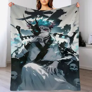 JJK Ryomen Sukuna Print Throw Blanket - Ultra-Soft Flannel, Split-Face Demon King Mask & Skull Motif, Home Bedroom Cover for JJK Fans, Ideal for Beds & Sofas