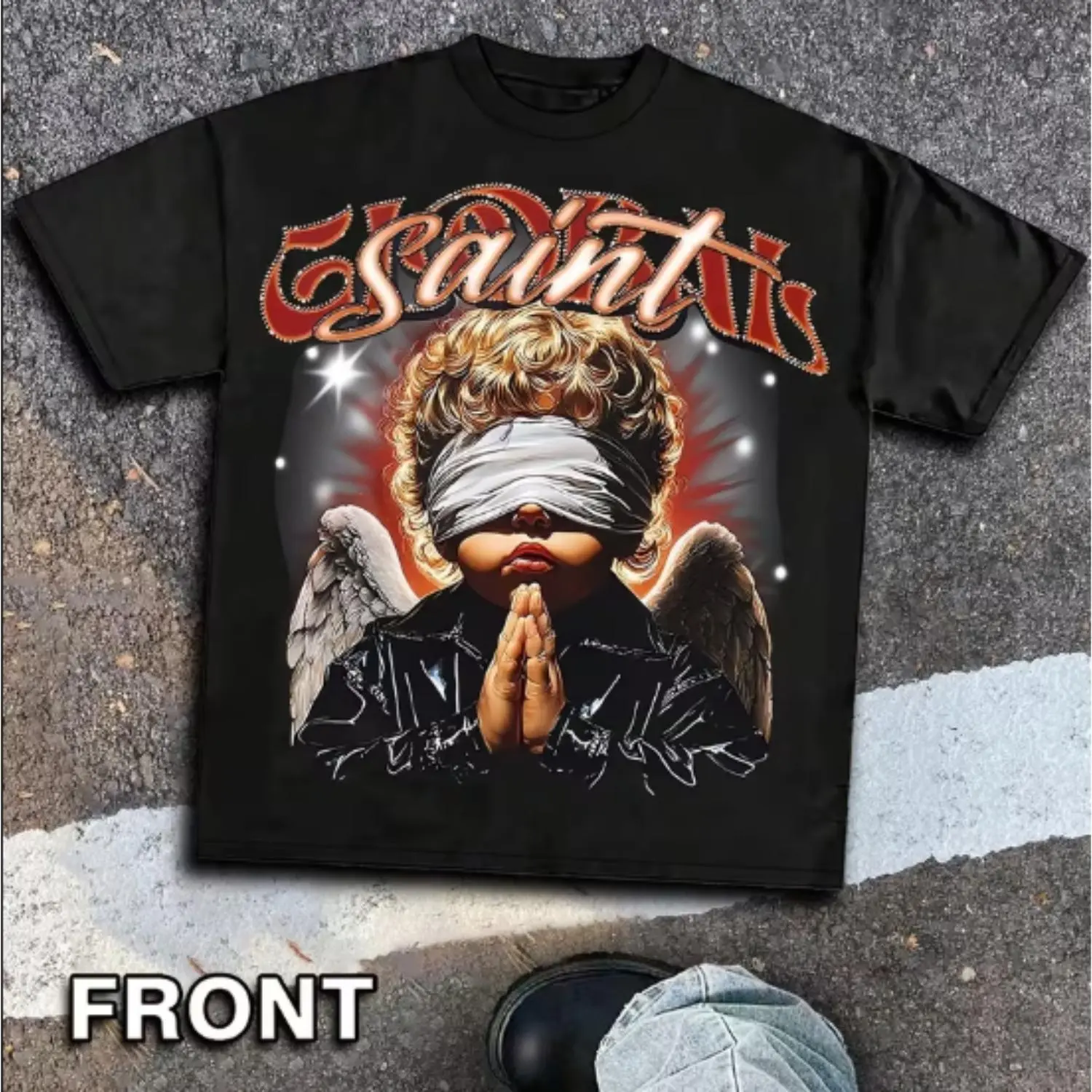 SAINT ANGELS, PRAY Men's Cotton Graphic Tees Price Streetwear T-shirt, Round Neck, Loose Fit, Fall & Holiday Travel, Unisex, Y2K Style dark design  👕 vintage style top